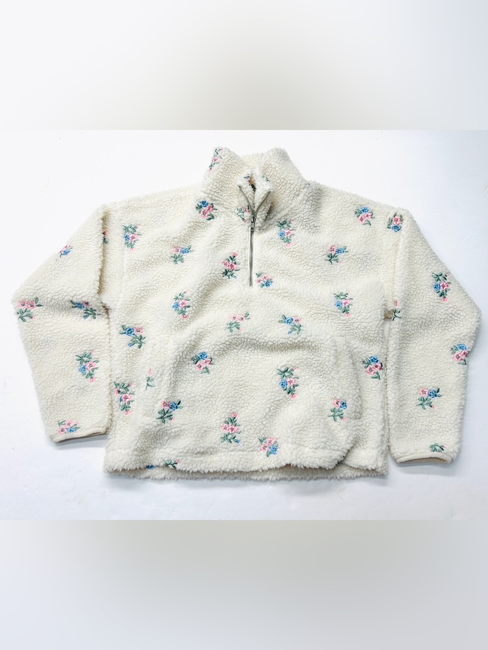 Francesca's Selena Floral Embroidered Sherpa Quarter Zip Pullover Cream Pink - Picture 4 of 6